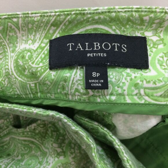 Talbots Petites 8P Green Paisley Cropped Pants Cotton Stretch Summer - Picture 3 of 3